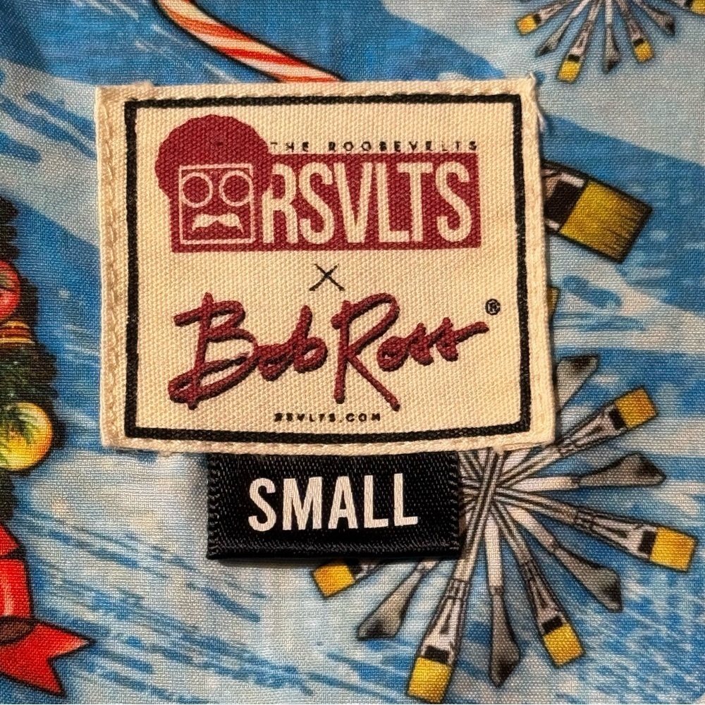 RSVLTS X Bob Ross Christmas Holiday Button Up Top Artsy Funky Men’s size Small - Picture 8 of 10